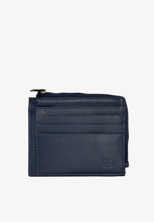 Portacarte in pelle blu navy con quattro fessure per carte, un compartimento con cerniera nella parte superiore e logo "by" in rilievo nell'angolo inferiore destro.