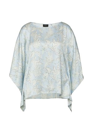 Hellblaue lockere Bluse mit asymmetrischem Saum, mit weißen floralen Paisley-Mustern und weiten Ärmeln.