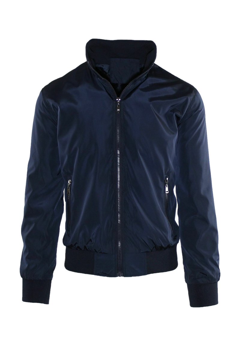 Giacca bomber in nylon blu navale con colletto alto, chiusura frontale con zip, polsini a coste e due tasche con zip ai lati. Texture liscia e leggera.