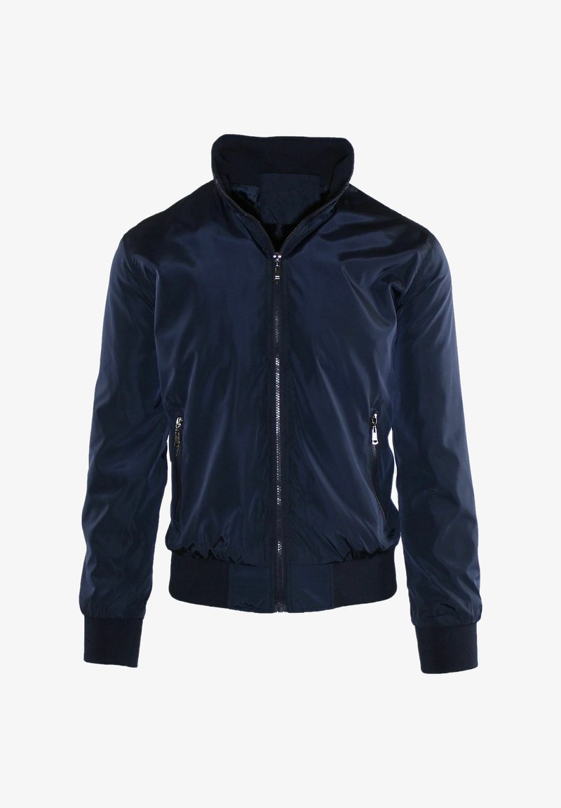 Giacca bomber in nylon blu navale con colletto alto, chiusura frontale con zip, polsini a coste e due tasche con zip ai lati. Texture liscia e leggera.