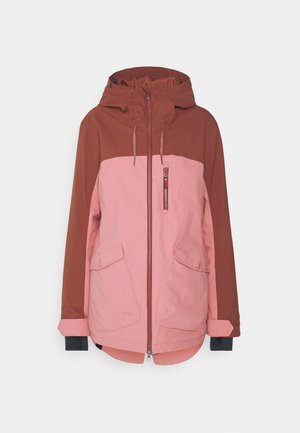 Hoodie mit einem oberen Abschnitt in Braun und einem unteren Abschnitt in Pink. Verfügt über einen Frontreißverschluss, zwei Fronttaschen und elastische Bündchen.