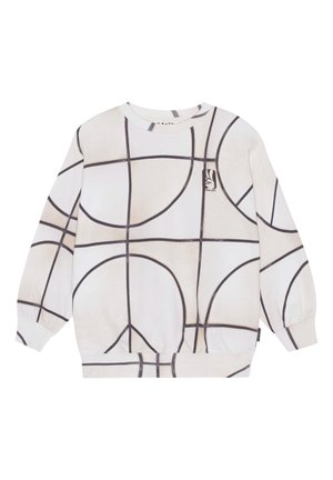 Weißes Sweatshirt mit schwarzen abstrakten geometrischen Linien und einem kleinen Grafiklogo oben links.