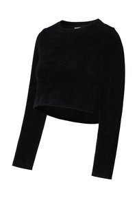 Sort, cropped langærmet top i blødt fløjlstof, med rund halsudskæring og glat tekstur. Enkel design uden mønstre eller detaljer.