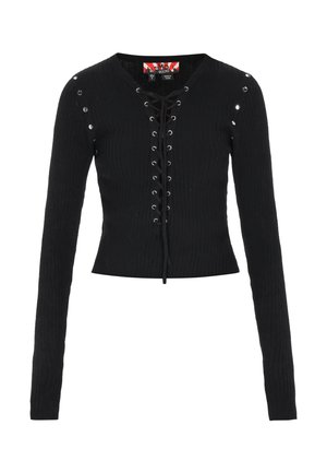 Top negro de manga larga con textura acanalada, detalle de cordones en la parte frontal y ojales plateados en los hombros y la zona de los cordones, ajustado y con cuello en V.