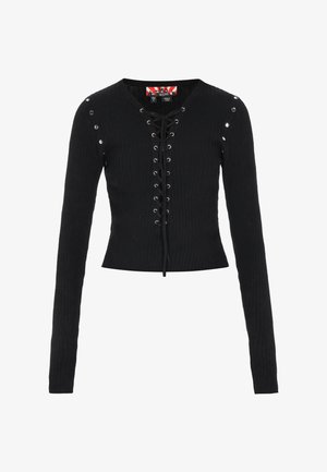 Sort ribbet langærmet top med snørelukning foran og sølvøjer på skuldre og snøredel, tætsiddende med V-udskæring.