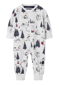 Weißer Einteiler-Schlafanzug mit navyblauen Mumin-Figuren, mit langen Ärmeln, Reißverschluss und verspielten Waldszenen mit Bäumen und Aktivitäten.