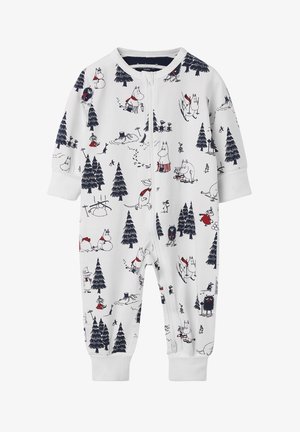 White one-piece pajama with navy Moomin characters, featuring long sleeves, zip closure, and playful forest scenes of trees and activities.