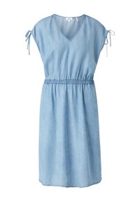 Ljusblå denimklänning med V-ringning, korta ärmar med knytdetaljer och elastisk midja för en avslappnad passform. Slät textur och avslappnad design.