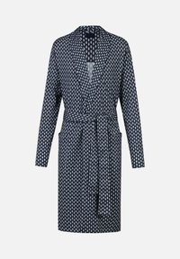 Robe bleu marine avec un motif géométrique blanc, manches longues, col à revers, ceinture à nouer et deux poches latérales. Texture de tissu douce.