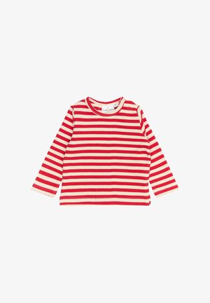 Camisa de manga larga a rayas horizontales en rojo y crema, textura acanalada, cuello redondeado y etiqueta visible en el cuello.