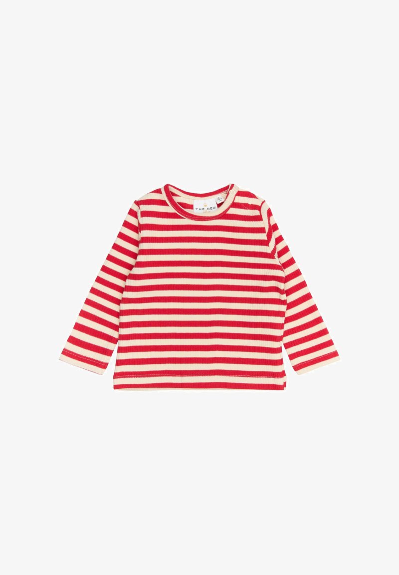 Camisa de manga larga a rayas horizontales en rojo y crema, textura acanalada, cuello redondeado y etiqueta visible en el cuello.