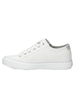White sneaker with a smooth leather upper, round toe, and low profile. Features six eyelets, grey accents, and a rubber sole for grip.