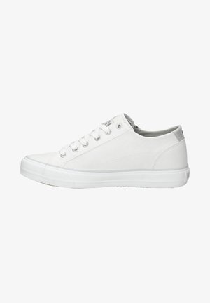 Weiße Sneaker mit einer glatten Lederoberfläche, runder Zehenpartie und niedrigem Profil. Verfügt über sechs Ösen, graue Akzente und eine Gummisohle für besseren Halt.