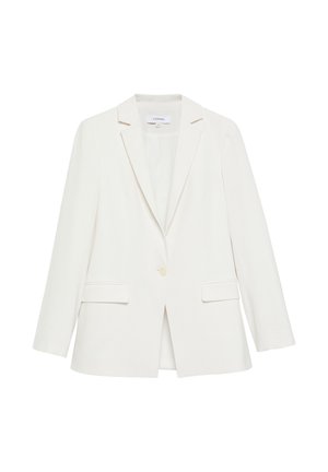 Blazer bianco a un bottone con rever a incavo, maniche lunghe e due tasche frontali con pattina, progettato per una vestibilità sartoriale.
