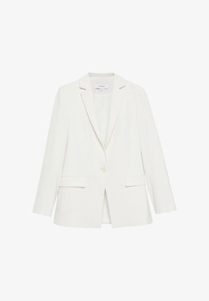 Weißer Ein-Knopf-Blazer mit Notch-Revers, langen Ärmeln und zwei vorderen Klappentaschen, entworfen für eine maßgeschneiderte Passform.