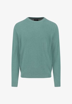 Pull tricoté bleu sarcelle clair avec un motif texturé, col rond et manches longues. Poignets et ourlet côtelés. Tissu doux.