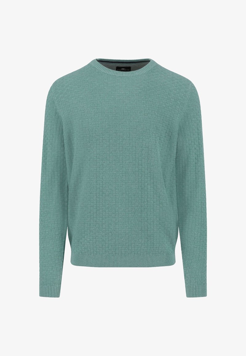 Maglione a maglia di colore verde acqua chiaro con motivo strutturato, scollo rotondo e maniche lunghe. Polsini e orlo a coste. Tessuto morbido.