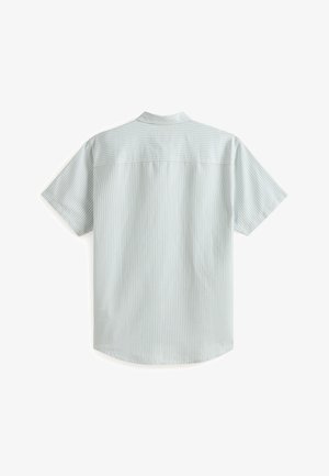 Kurzarmhemd in Hellblau mit vertikalen weißen Streifen, mit Kragen, Rückenpasse und abgerundetem Saumdesign. Aus weichem Baumwollmaterial.