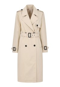 Beżowy płaszcz trench z lekkiego materiału, z podwójnym zapięciem, szerokimi klapami, regulowanym paskiem oraz czarnymi guzikami.