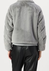 Giacca grigia in pelliccia sintetica con maniche lunghe e orlo a coste. Tessuto morbido, design leggermente accorciato, vista posteriore mostrata con pantaloni neri.