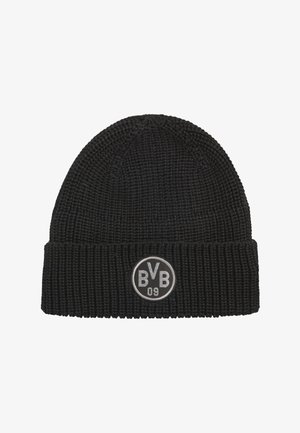 Black knitted beanie hat with folded cuff featuring a circular BVB 09 logo patch in black and gray on the front.