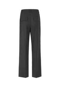 Gray tailored trousers with a straight leg design, featuring two rear pockets and a smooth fabric texture. Suitable for formal wear.