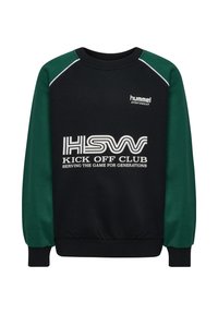 Svart sweatshirt med gröna ärmar, med vit logotyptext och detaljer. Ribbad manschetter och fåll, mjukt tyg med en sportig design.