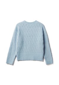 Suéter de tejido azul claro con un patrón de diamante texturizado, puños y dobladillo acanalados, y un escote redondo. Se muestra la vista trasera.
