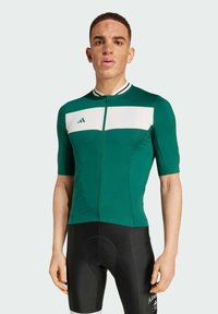 Grünes Fahrradtrikot mit kurzen Ärmeln, das mit einem weißen horizontalen Streifen und einem Reißverschluss auf der Vorderseite ausgestattet ist. Glatte Textur, körperbetontes Design, Markenlogo sichtbar.