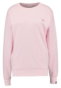 Ljusrosa crewneck-tröja av mjukt tyg. Har ribbade muddar och fåll, med en liten broderad logotyp på bröstet.