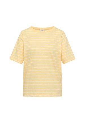T-shirt jaune à manches courtes avec fines rayures blanches horizontales et col rond.