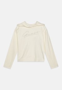 Cream-colored hoodie with a soft texture, featuring a slightly cropped design and a script logo in a lighter tone stitched on the front.