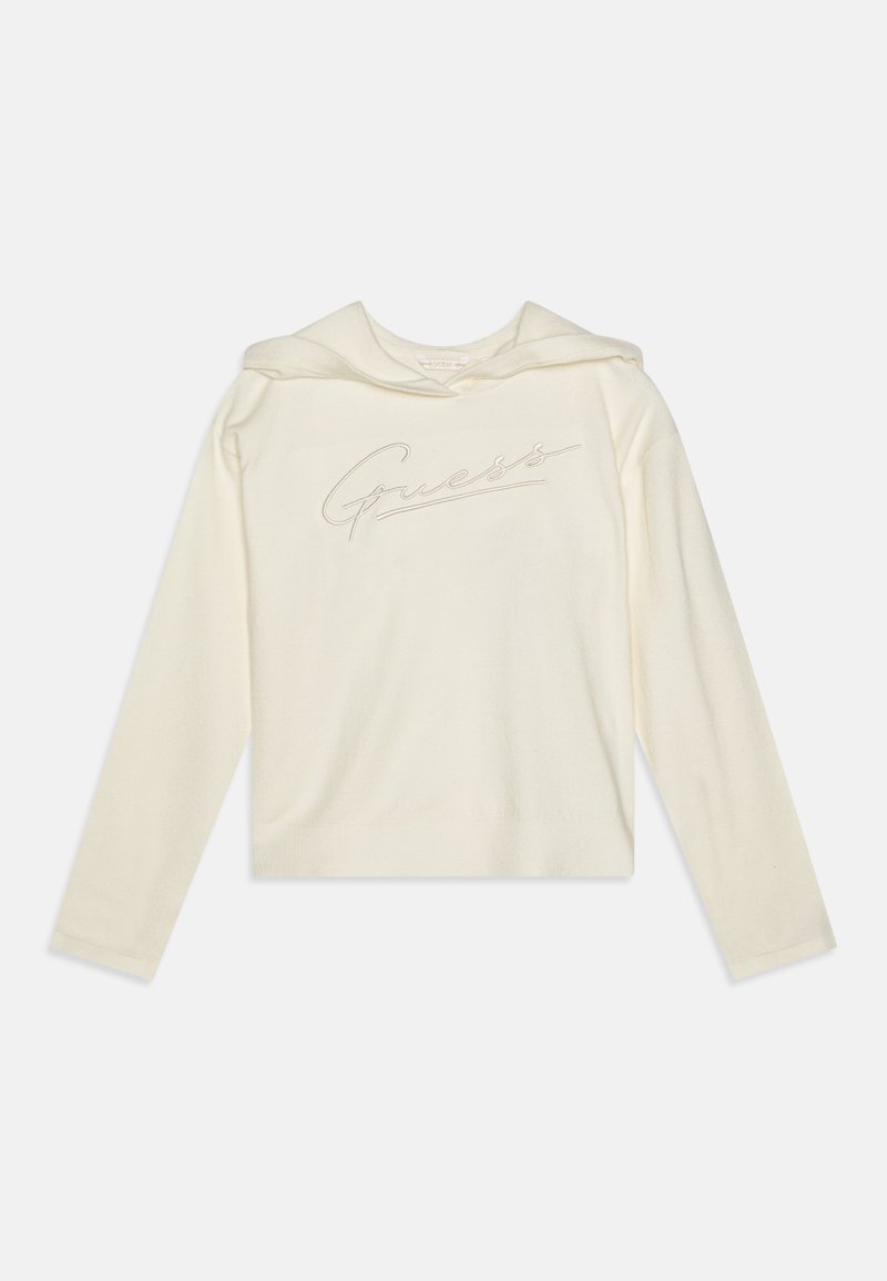 Krém színű kapucnis pulóver, puha textúrával, enyhén rövidített fazonban, a frontján egy világosabb árnyalatú írásos logóval hímzett.