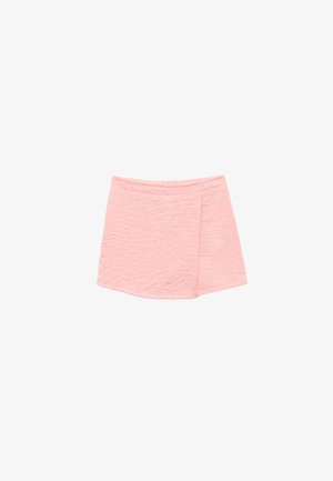 Light pink textured mini skirt with subtle wrapped front design on a white background.