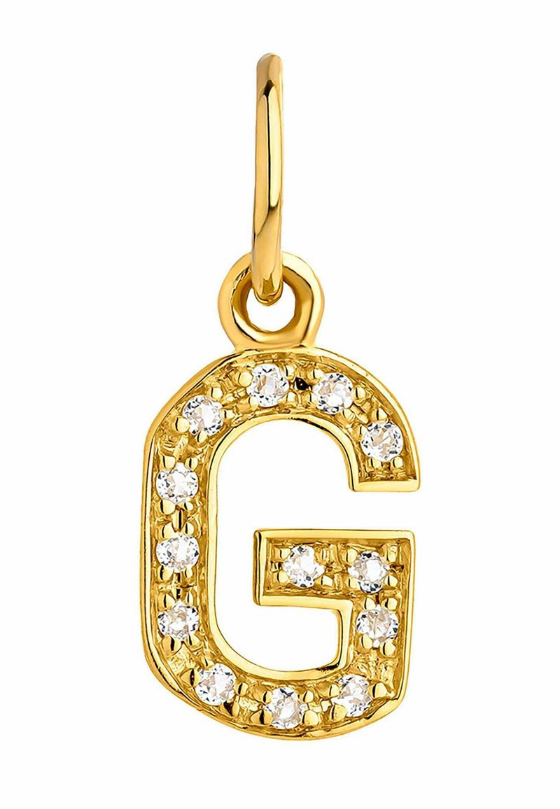 Colgante de letra "G" en tono dorado adornado con cristales transparentes, con un lazo para su sujeción. Acabado pulido con una textura suave.