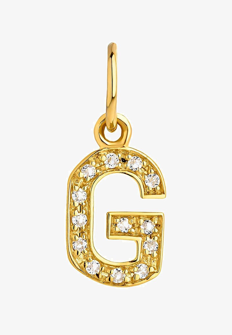 Colgante de letra "G" en tono dorado adornado con cristales transparentes, con un lazo para su sujeción. Acabado pulido con una textura suave.