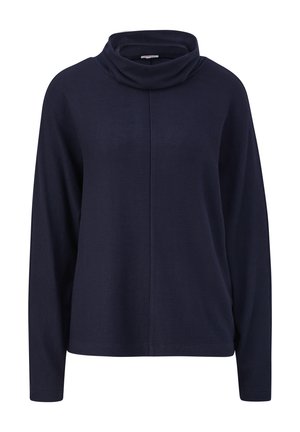 Granatowa bluzka z kapturem, wykonana z teksturowanej tkaniny. Posiada długie rękawy oraz luźny krój z centralnym detalem szwu.