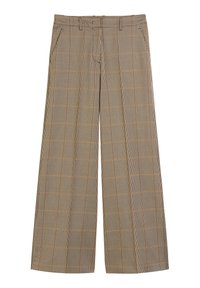 Bruin en beige geblokte wijde broek met voorkruipzakken en riemlussen, plat weergegeven op een witte achtergrond.
