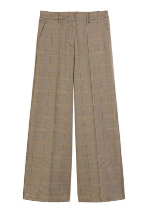 Bruin en beige geblokte wijde broek met voorkruipzakken en riemlussen, plat weergegeven op een witte achtergrond.