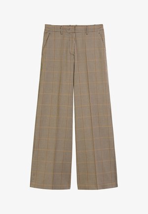 Pantalons large à carreaux marron et beige avec poches avant et passants de ceinture, présentés à plat sur un fond blanc.