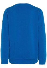 Sudadera azul de manga larga. Fabricada con una suave tela texturizada. Presenta un cuello redondo y puños y dobladillo de canalé. Sin patrones ni gráficos visibles.