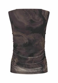 Top sans bretelles froncé avec motif marbré marron foncé et noir et silhouette ajustée.