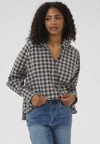 Long-sleeve plaid shirt in navy and cream, cotton material, with a button-up front and relaxed fit, paired with denim jeans.