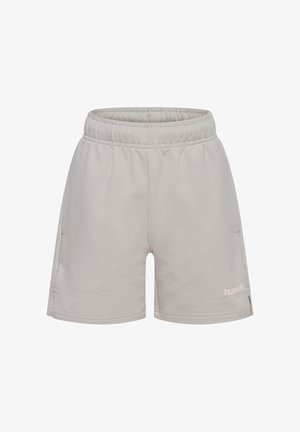Lysegrå elastiske taljeshorts med sidelommer og lille logo på venstre nederste ben, vist mod hvid baggrund.