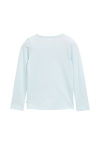 Camicetta blu chiaro a maniche lunghe con scollo rotondo e texture liscia, con un semplice design sul retro e senza motivi o accenti visibili.