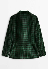 Blazer à carreaux vert foncé et noir avec manches longues, détails boutons aux poignets et col classique, vu de dos.