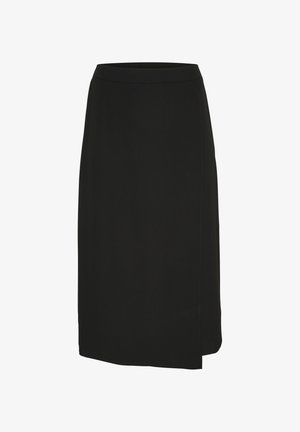 Czarna spódnica do kolan o gładkiej teksturze, z delikatnym rozcięciem z przodu i elastycznym pasem dla komfortu i łatwości noszenia.