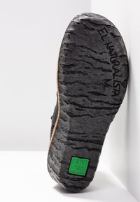 Semelle de chaussure noire avec motif texturé, texte "El Naturalista" et logo carré vert près du talon, incliné sur fond blanc.