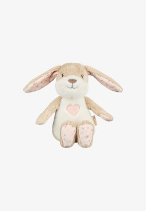 Stuffed rabbit with beige fur, pink-lined ears, a soft white face, a heart patch on the chest, and patterned pink accents on the paws.