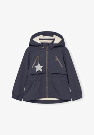 Tamsiai mėlynas vaikų gobtuvuotas švarkelis su priekiniais užtrauktukais, dviem užtrauktukais uždengtomis krūtinės kišenėmis, elastinėmis rankogaliais ir žvaigždės formos pakabuku kairėje kišenėje.